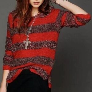 Free People Red Marled Striped Acrylic Wool Silk Blend Pullover Knit Sweater